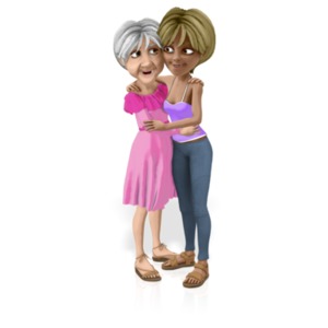 A grandmother and granddaughter give each other a hug.