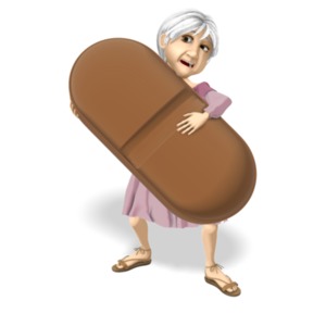 Martha struggles to hold a giant pill. This clip-art can represent the struggle the elderly have with their health.