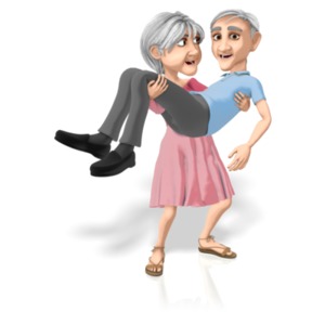 Martha carries Bert as they both smile.