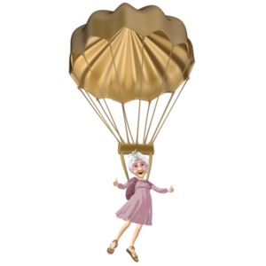 This clip art image shows elderly Martha floating down in a golden parachute. 