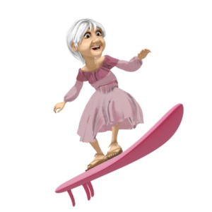 An elderly woman surfing on a surfboard.