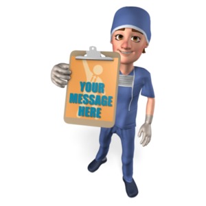 A man in scrubs holds up a clipboard with your custom message on it.