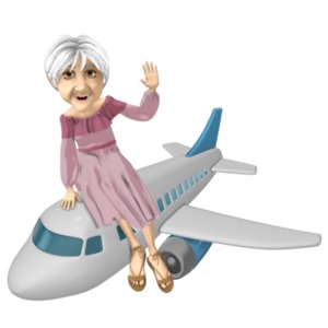 Martha ride son top of an airplane as she smiles and waves.