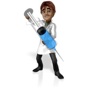 Dr. Simon holds a giant syringe.