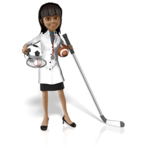 Dr. Kim holds a bunch of different sports gear. This clip-art can represent a doctor who deals with sports related injuries.