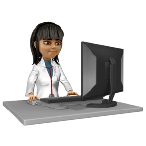 An image of a female doctor working at a computer desk.