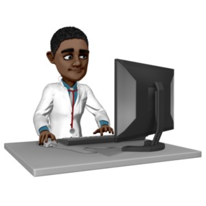 An image of a doctor working at a computer desk.