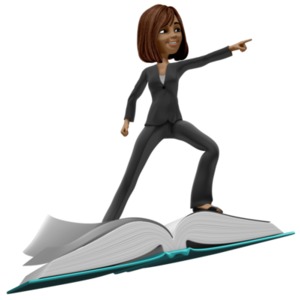 This clip art image shows the character Talia flying on an open book pointing.