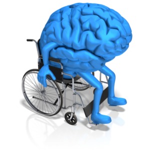 This clip art image shows a brain character sitting in a wheelchair.