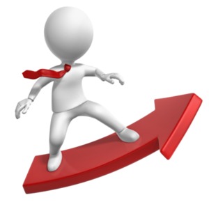 An image of a figure surfing an arrow pointing up.