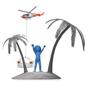 This clip art image shows a figure stranded on a small island being rescued.