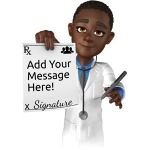 This custom design clip art shows Ethan the doctor holding a pen in one hand and holding out a prescription paper in the other. &lt;br&gt;&lt;br&gt; Customize the paper with your own text and images using our online customizer.