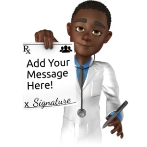 This custom design clip art shows Ethan the doctor holding a pen in one hand and holding out a prescription paper in the other. &lt;br&gt;&lt;br&gt; Customize the paper with your own text and images using our online customizer.
