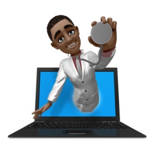This clip art image shows a Ethan the doctor coming out from a laptop while holding out a stethoscope.