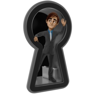 An image of a businessman peeking out of a keyhole.