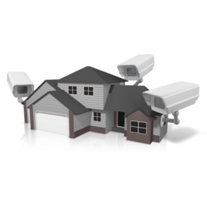 An image of a home using oversized cameras to represent &quot;Home Security.&quot;