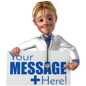 This custom design clip art shows Simon the doctor holding a sign in one hand while pointing at it with another.