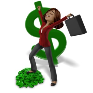 This clip art image shows Talia celebrating with one foot one top of a pile of dollar signs and a large dollar sign behind her.