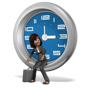 This clip art image shows Talia sitting inside a clock looking back in fear of what time it is.