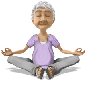 Elderly woman sits on the floor meditating.
