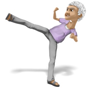 An elderly woman performs a high kick self defense move.