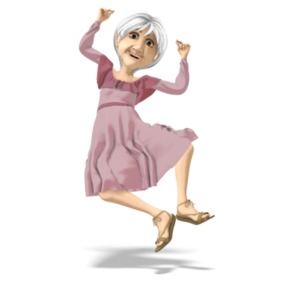 An elderly woman kicks her heels together. 