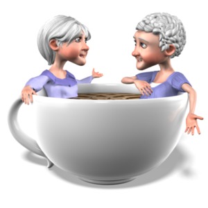 Two elderly women have a conversation in a coffee cup.