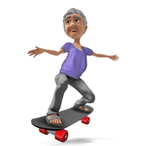An elderly woman skateboards.