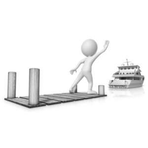 This clip art image shows a figure on the end of a dock trying to flag down a boat pulling away.  Displays the idiom missed the boat.