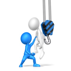 This clipart image shows one figure taking another of a hook.  Displays the idiom (let someone of the hook)