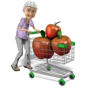 An elderly woman shops for healthy food.  Apple a day keeps the doctor away!