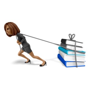 An image of a woman dragging some over-sized books with a rope.