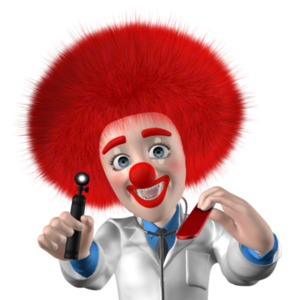 This clip art image shows a clown dressed up to look like a real doctor.