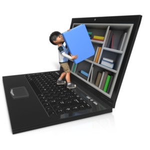 A boy reaching for a book from a shelf via the screen of a laptop.