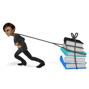 An image of a man dragging some over-sized books with a rope.