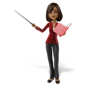 An image of Talia looking at a book pointing to the side.