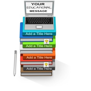 This custom design clip art shows a stack of books with a laptop on top. &lt;br&gt;&lt;br&gt;  You can customize the screen, book bindings, and bookmarks by adding your own text and images using our online customizer.