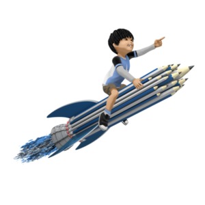 This clipart image shows a boy pointing forward while flying on top of a rocket made up of pencils.