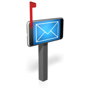 A cell phone with an envelope image replacing a mailbox. This clip-art represents the change from physical mail to digital mail.