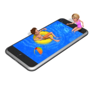 Two people playing in a pool inside a smart phone. This clip-art can represent using technology to help with leisure time.