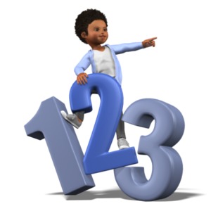 A young girl climbs on a stack of numbers and points to her left in the math and school concept.