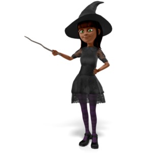 An image of a young girl appearing as a witch pointing to the side.
