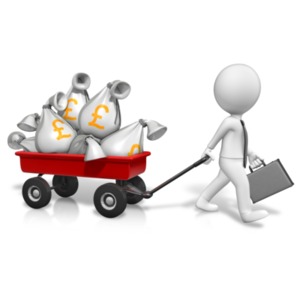 An image of a figure pulling a wagon full of bags of English pounds.