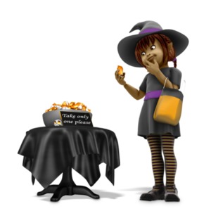 This clip art image shows a trick or treater deciding weather to be dishonest and take another candy or be trustworthy and not.