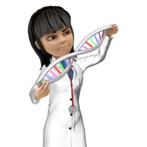 This clip art image shows the doctor character KIM examining a large DNA strand.