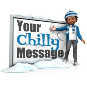 This clip art image shows the character Chloe bundled in a scarf and beanie standing next to a customizable sign.