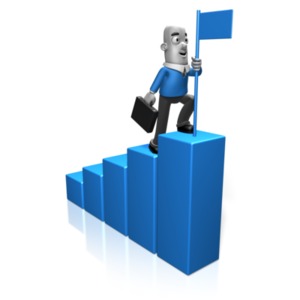 A businessman climbs a bar graph and plats a flag.