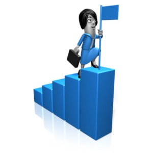 A business woman climbs a bar graph and plats a flag.