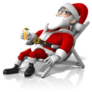 This clip art shows Santa Claus taking a vacation while relaxing in a beach chair.