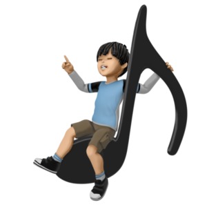 This clip art image shows a boy sitting on a musical note singing.